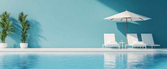 serene poolside retreat with turquoise wall white loungers and gentle water reflections casting calming shadows