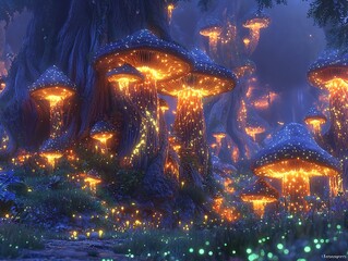 Obraz premium Glowing mushrooms in enchanted forest at twilight.