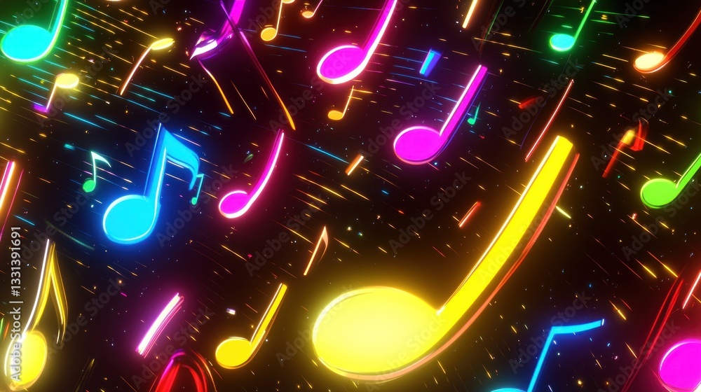 Aufkleber neon music notes: a vibrant, colorful explosion of musical notes in a dark space, creating a dynamic