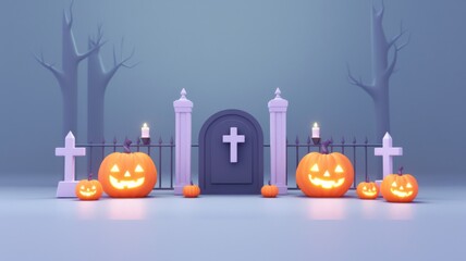 3d halloween pumpkin display spooky graveyard digital art eerie atmosphere front view festive vibes