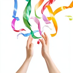 Hands releasing ribbons into the sky isolated on white background 