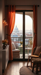 Fototapeta premium sunlit city view apartment with curtains and cozy armchair