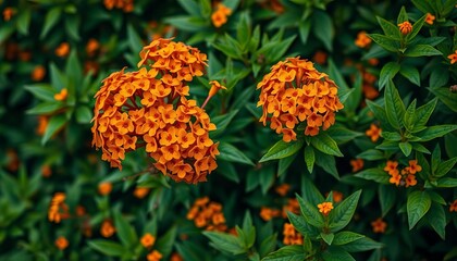 Clusters of vibrant orange wallflowers burst forth from lush green foliage, spring bloom, wildflower