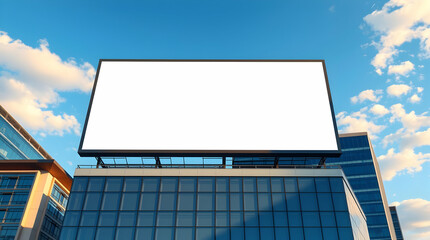 Blank outdoor advertising billboard sign on a city street against the blue sky offers large commercial display space