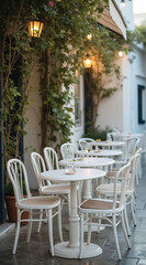 Obraz premium charming outdoor cafe with white tables and chairs under a green canopy