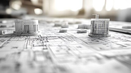 Detailed Architectural Models on Technical Blueprints in a Sunlit Office Setting