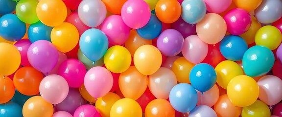 Colorful balloons of various shapes and sizes forming a festive birthday backdrop, design, birthday balloons