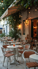 charming outdoor cafe with warm lighting at dusk