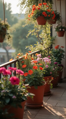 Fototapeta premium vibrant and pink flowers in pots on a sunny balcony