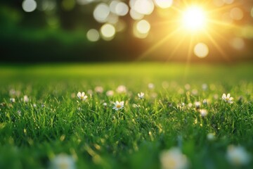 Obraz premium Sunlit meadow with blooming daisies. Perfect for nature, spring, or peace themes.