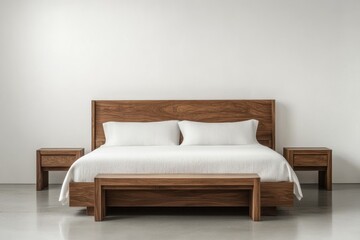 Modern wooden bed with two nightstands and bench.