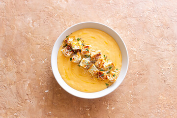 Cheese cream soup with croutons. Healthy food. Vegetarian food.