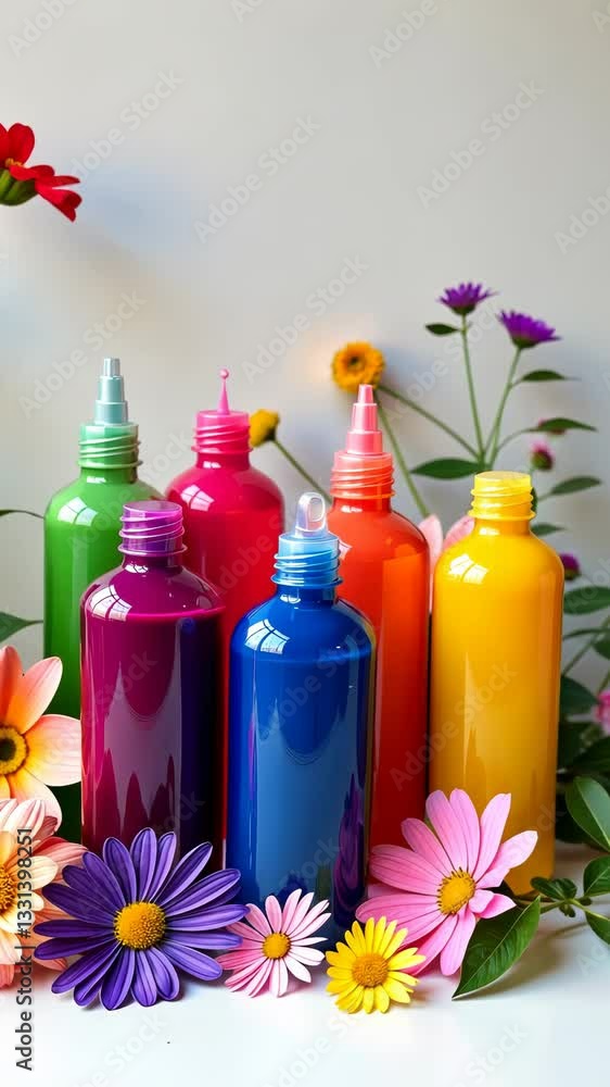 Poster A row of colorful bottles of paint are on a table. The bottles are of different colors and sizes