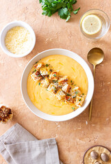 Cheese cream soup with croutons. Healthy food. Vegetarian food.