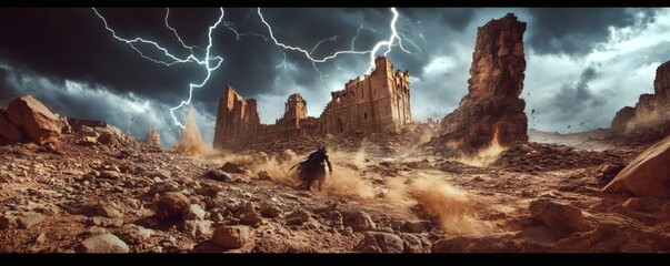 A cloaked figure runs through a desolate landscape during a storm
