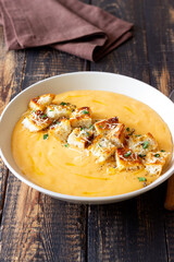 Cheese cream soup with croutons. Healthy food. Vegetarian food.
