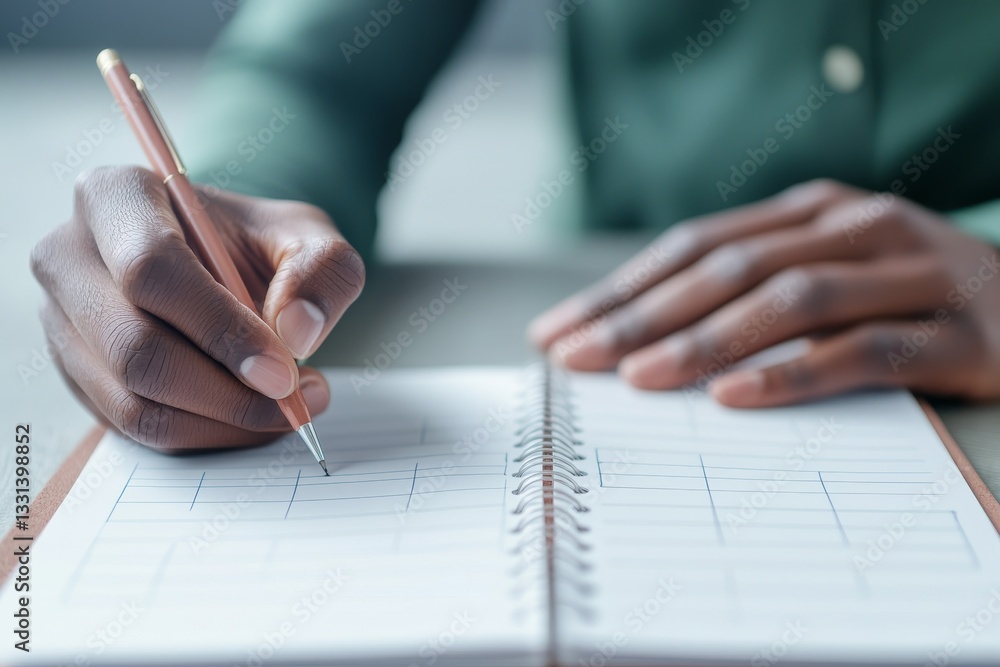 Poster management efficiency and goal-setting concept. a person writing in a notebook with a pen, focused o