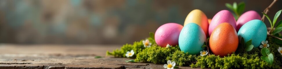 Colorful easter eggs on rustic wood background with decorative moss, background, colorful, eggs