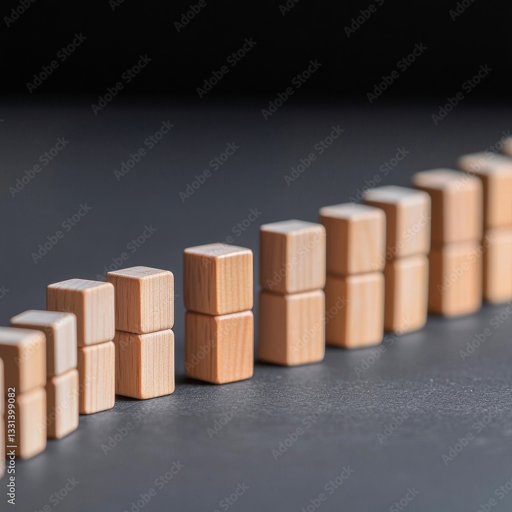 Poster transformation progress disruption concept. wooden blocks arranged in a line on a dark surface, show