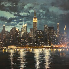 Obraz premium Illuminated skyline of coastal city with reflecting water high resolution picture