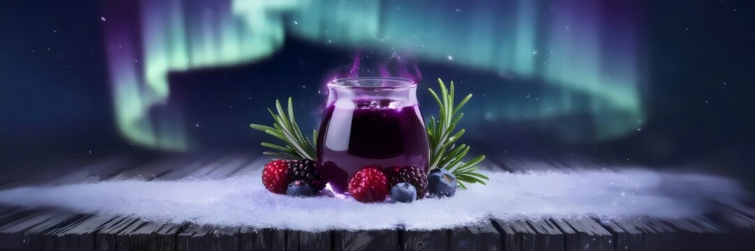 Mystical blackberry and rosemary elixir glowing on snowy wooden surface with aurora in background