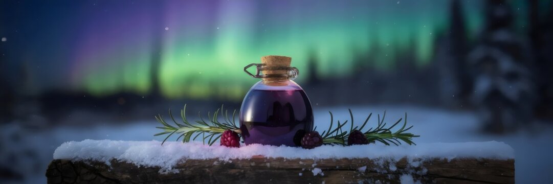 Enchanting blackberry and rosemary elixir glowing on snowy wooden surface with blurred aurora