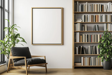 Modern blank poster mockup on wooden bookshelf wall in bright interior. 3D Rendering