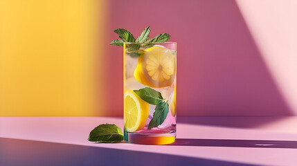 A photo of a colorful lemon mocktail glass with mint leaves, minimalist, slim and light, Retro product advertising. Industrial design inspiration, natural lighting, on the desk, nice shot.