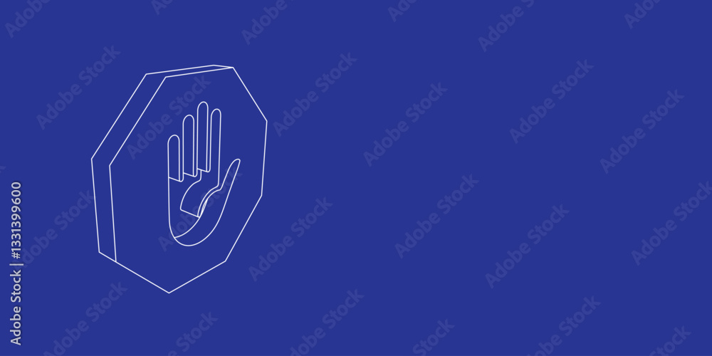 Poster the outline of a large stop hand symbol made of white lines on the left. 3d view of the object in pe