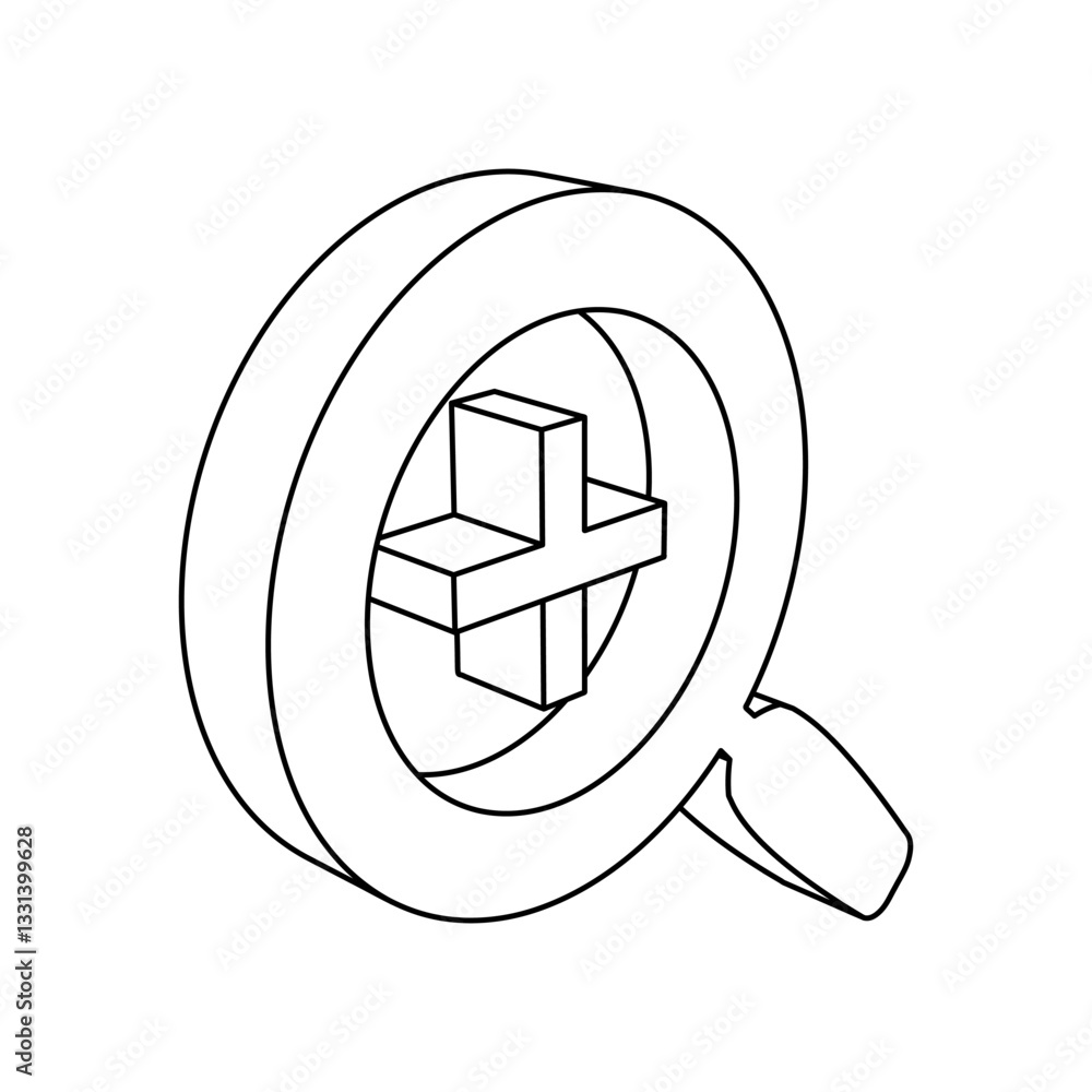 Poster the outline of a large zoom in symbol is made with black lines. 3d view of the object in perspective