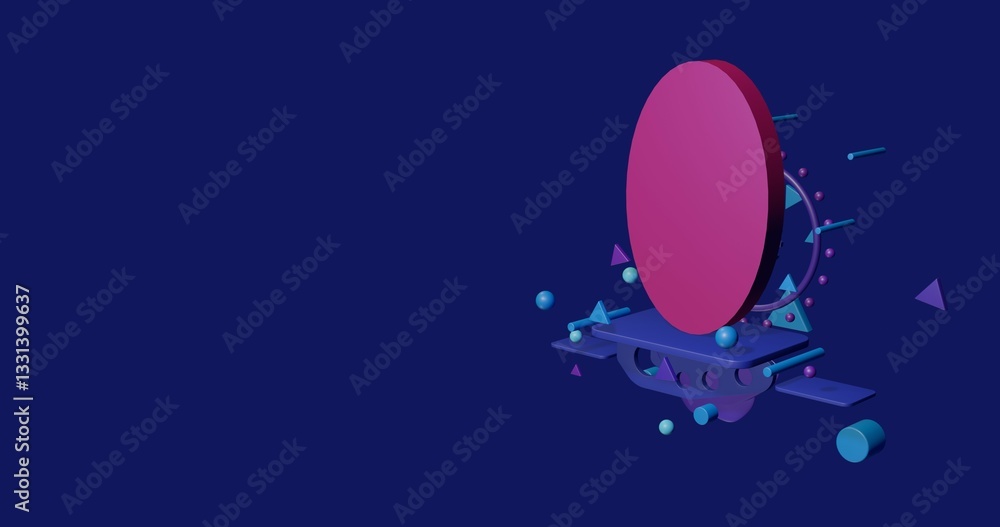 Poster pink ellipse symbol on a pedestal of abstract geometric shapes floating in the air. abstract concept