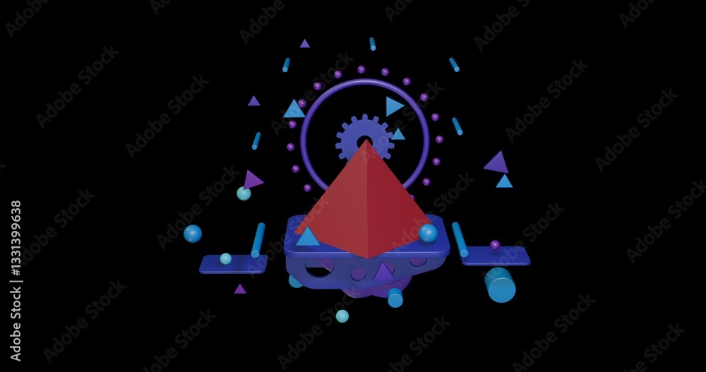 Poster red pyramid on a pedestal of abstract geometric shapes floating in the air. abstract concept art wit