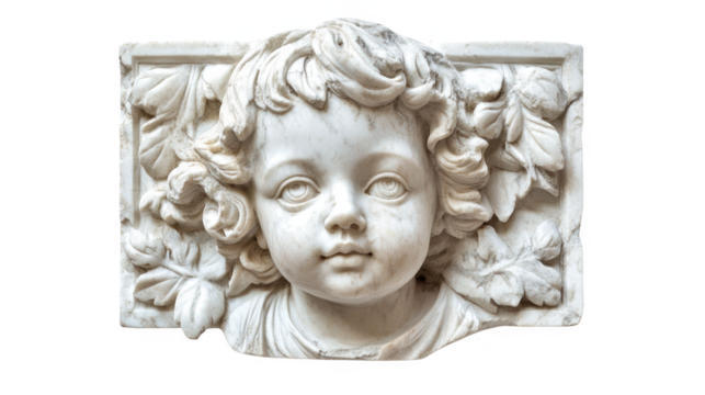 Marble Cherub Sculpture: A Timeless Piece of Art. Captivating Details, Classic Design, and Ornamental Beauty in this Antique Stone Relief. - Powered by Adobe