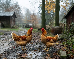 Two hens facing each other on a muddy path in an autumnal farm setting.