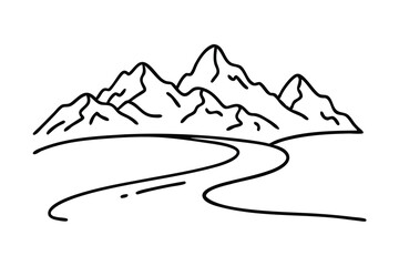 The road curves near mountains. line art flat vector illustration
