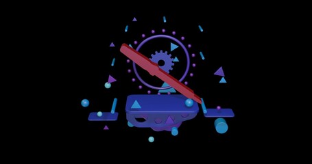 Fototapeta premium Red soldering iron symbol on a pedestal of abstract geometric shapes floating in the air. Abstract concept art with flying shapes in the center. 3d illustration on black background