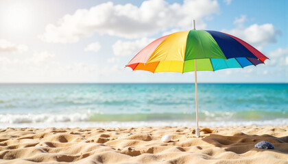 Colorful umbrella on sandy beach with ocean view, summer leisure