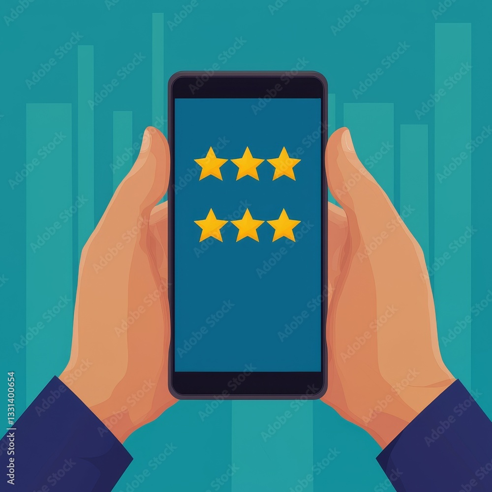Poster e-commerce checkout process concept user holding a smartphone displaying five stars for a rating rev