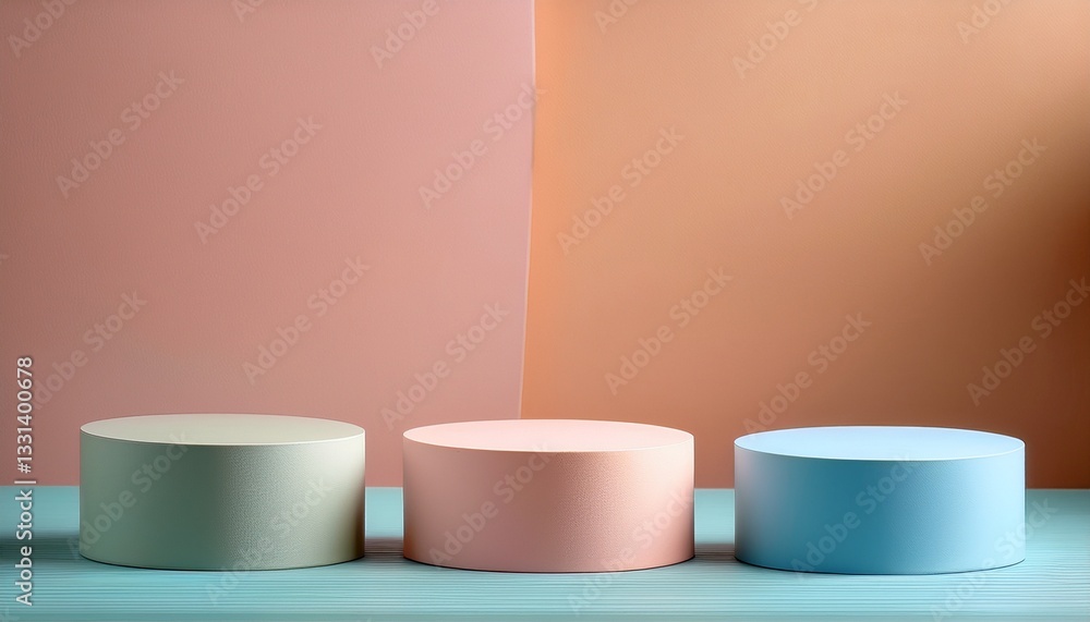 Poster three step of pastel color product display on modern background with blank showcase for showing. emp