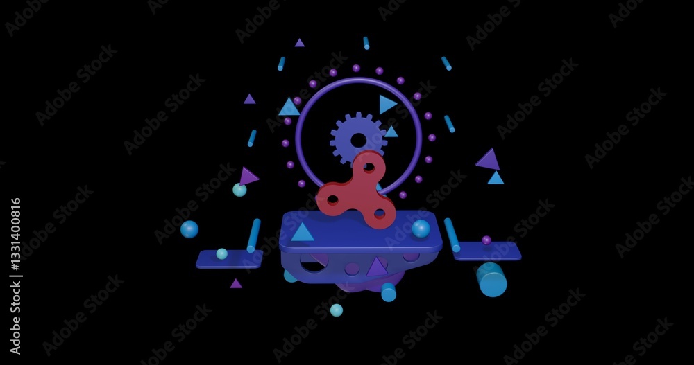Poster red spinner symbol on a pedestal of abstract geometric shapes floating in the air. abstract concept 