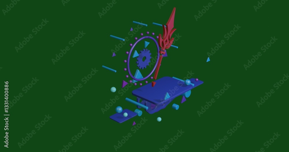 Aufkleber red mystical spear symbol on a pedestal of abstract geometric shapes floating in the air. abstract c