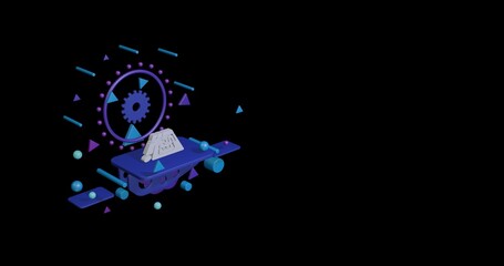 White printed circuit board on a pedestal of abstract geometric shapes floating in the air. Abstract concept art with flying shapes on the left. 3d illustration on black background