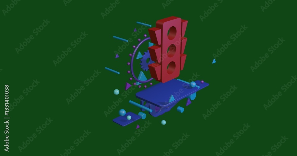 Poster red traffic lights symbol on a pedestal of abstract geometric shapes floating in the air. abstract c