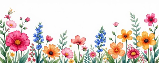 Colorful hand-painted wildflowers on a seamless watercolor background, colorful, pattern, hand-painted