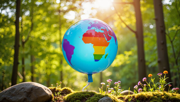 Vibrant pride globe balloon floating in serene forest, celebration of unity