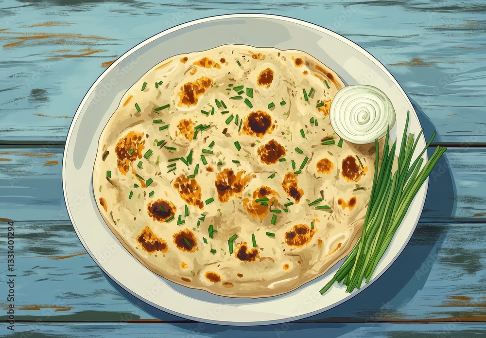 Poster freshly made flatbread with chopped chives and sliced onion garnish on rustic wooden table backgroun