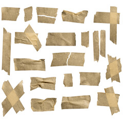 Collection of yellow aged duct tape. Collection of various adhesive tapes. Scotch tape isolated on a white background. Copy space.  Isolated packing type, scotch, used strip. 