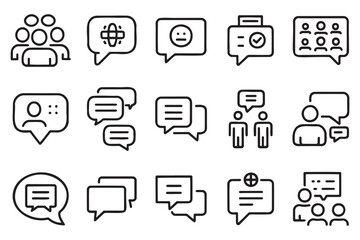 Discussion, speech bubble icon set editable stroke outline isolated flat vector illustration on white background