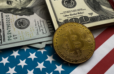 American flag on a Golden bitcoin coin on us dollars background for copy-paste text. Financial Design concept