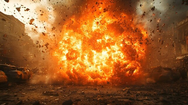 Intense fiery explosion of a car bomb ripping through a crowded urban market in a disastrous and catastrophic attack